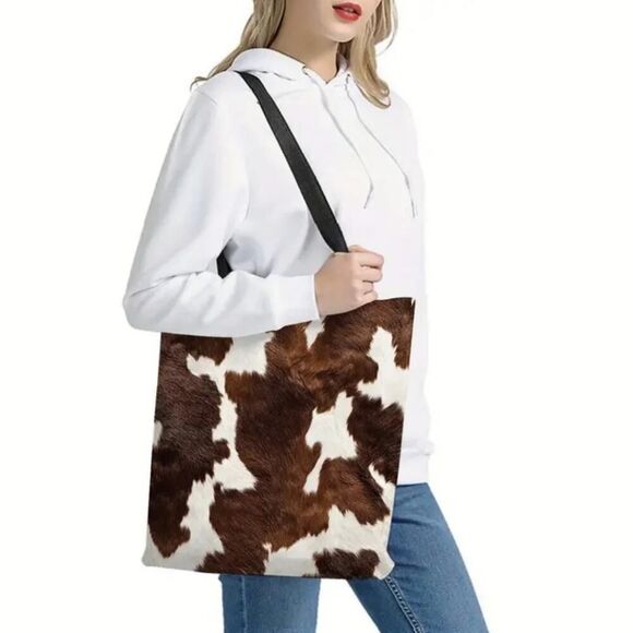 1pc Chic Cow Print Tote Bag with Black Handles Lightweight Shopping Bag - Picture 1 of 11